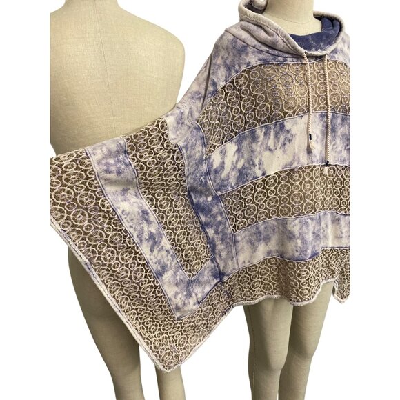 Free People Poncho Sweater Boho Chic Women Hoodie Poncho With Lace Tie-Dye Patte - Picture 5 of 9